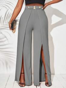 SHEIN Lady 女士纯色高腰开衩下摆宽腿宽松裤 - 灰色 - 查看 4