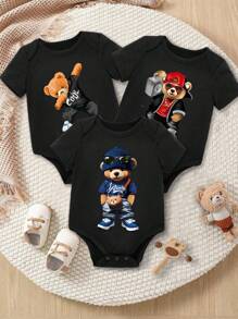 SHEIN Leap Crew 3件套男婴休闲可爱小熊印花短袖圆领连体衣套装，适合夏季穿着