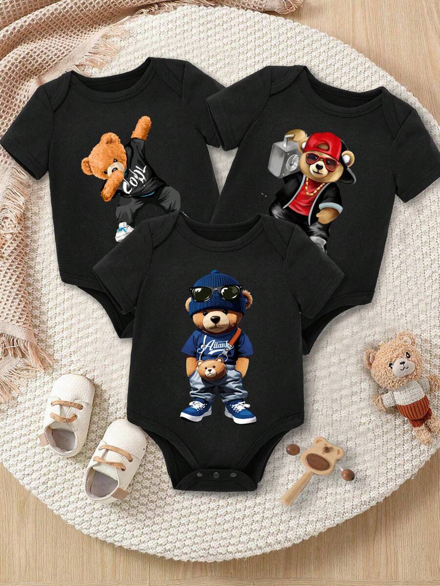 SHEIN Leap Crew 3件套男婴休闲可爱小熊印花短袖圆领连体衣套装，适合夏季穿着