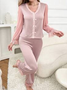 2pcs Women V-Neck Lace Romantic Pajama Set - Dusty Pink - View 5