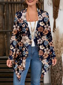 EMERY ROSE Plus Size Women's Khaki Ditsy Floral Long Sleeve Jacket, Suitable For Spring & Autumn