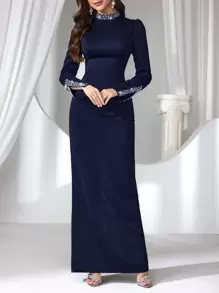 Coutiva Abito da sera lungo elegante da donna con decorazioni di strass e perle finte, abito da cerimonia nero, abito da ballo, abito per feste, abito per matrimonio.