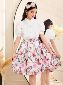 SHEIN Leap Crew 青少年女孩优雅领口荷叶边和水钻装饰衬衫上衣和裙子 2 件套 - 白色 - 查看 5