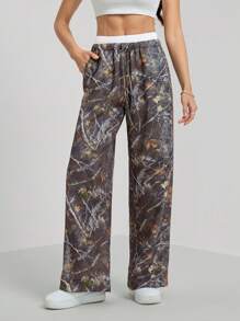 SHEIN Tall Women's Branch Print Drawstring Waist Wide-Leg Casual Pants, Tall Women - Multicolor - View 5