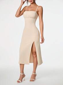 SHEIN PETITE Women Solid Color Ruched Midi Slip Dress With Slit - Apricot - View 5