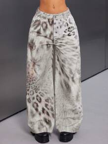 SHEIN Unity Women's Loose Fit Floral Leopard Print Wide Leg Casual Jeans, Versatile For All Seasons - Multicolor - View 1