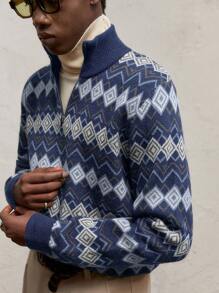 AKNOTIC Party 男士拼色针织休闲套头毛衣，立领，半拉链，落肩，长袖，适合秋冬季日常穿着，金属拉链