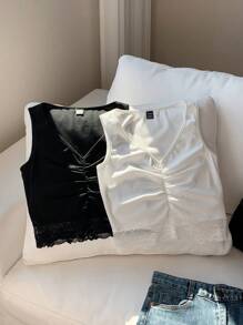 Comfortcana Women's Summer V-Neck Lace Trim Solid Color Tank Top, 2 Packs, Suitable For Daily Wear - Black and White - View 4