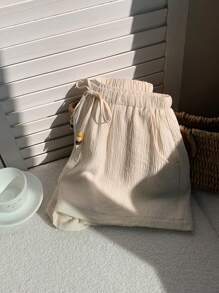 Comfortcana Women's Casual Ruched Waist Drawstring Pocket Relaxed Shorts - Apricot - View 4