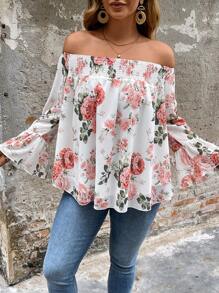SHEIN Clasi Plus Size Women's Casual Holiday Bohemian Style Floral Print Chiffon Cold Shoulder Blouse, Spring/Summer - White - View 4