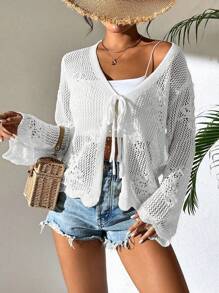 Breezaya Vacation Beach Solid Color Openwork Tie Front Cardigan Sweater Fall Winter Cloth For Women - White - View 5