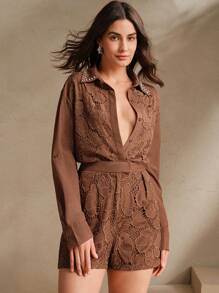 Anewsta 优雅精致的水钻刺绣镂空两件套春季 - 棕色 - 查看 2