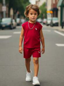 SHEIN Streecool Kids Young Boy Summer Cute Printed Sleeveless Sports Top And Athletic Shorts Set With Round Neck Summer Holiday - Burgundy - View 6