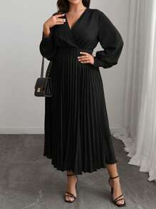 Elenzga Plus Size Women's V-Neck Solid Color A-Line Long Sleeve Dress, Elegant Office & Casual, With Waist Belt, Suitable For Spring, Autumn & Winter, For Christmas Maxi Women Outfit Fall Cloth For Women - Black - View 4