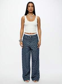 SUMWON WOMEN Street Check Wide Leg Carpenter Denim Jeans - Blue - View 3
