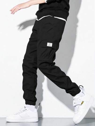 SHEIN 青少年男孩休闲工装口袋慢跑裤，灰色，百搭，日常穿着，学院风，男孩服装