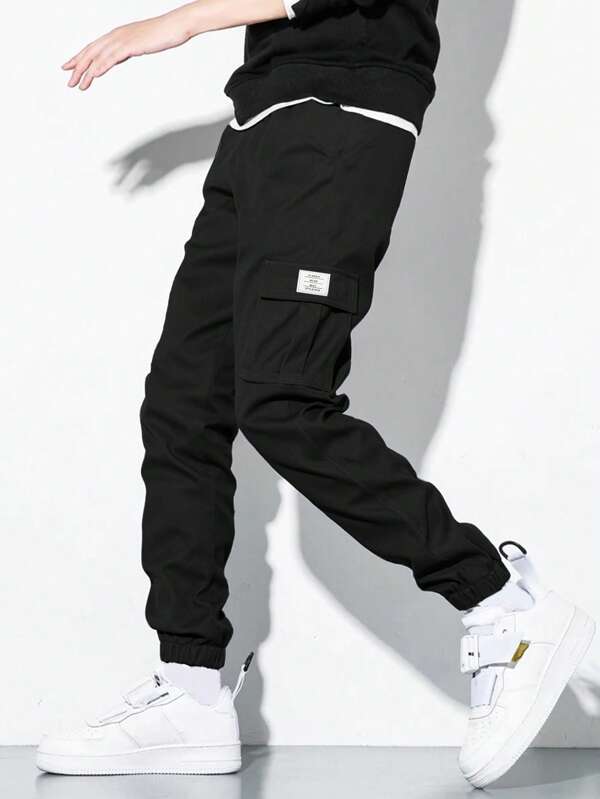 SHEIN Teen Boys Casual Cargo Pocket Jogger Pants, Gray, Versatile, Daily Wear, College, Boys Apparel