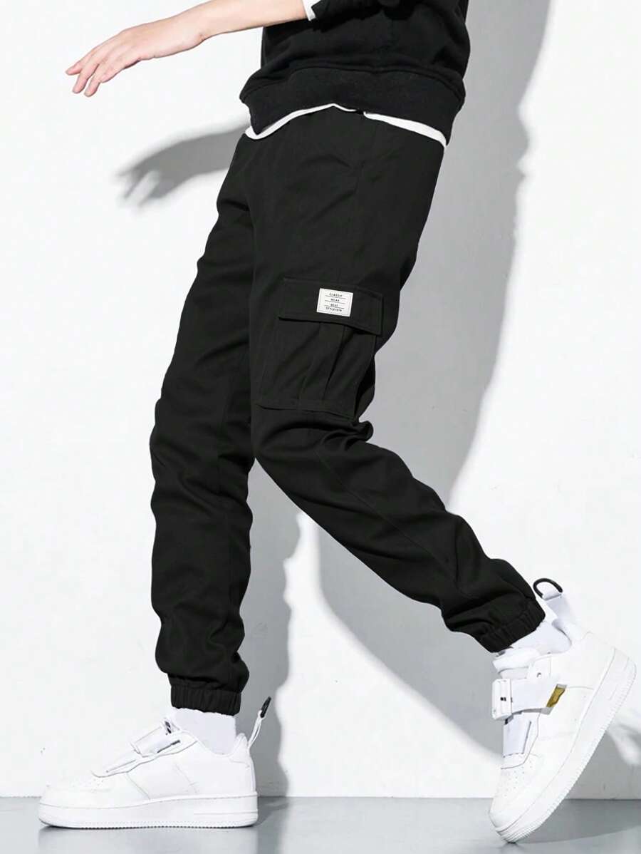 SHEIN 青少年男孩休闲工装口袋慢跑裤，灰色，百搭，日常穿着，学院风，男孩服装 - 黑色 - 查看 1