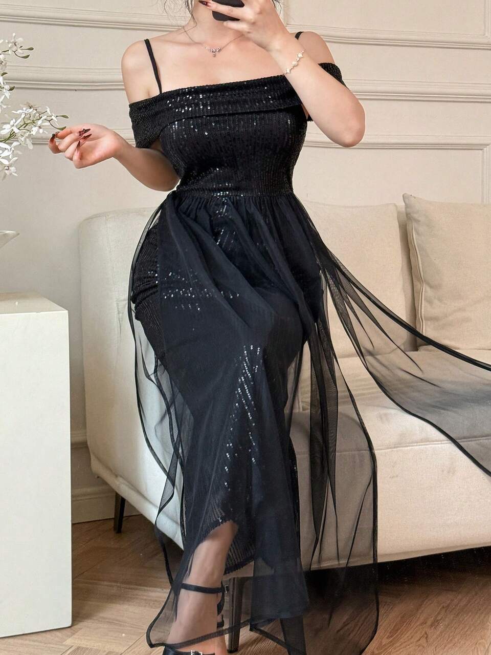 Sequin & Mesh Panel Shoulder Exposed Midi Dress For Women Prom Dress Party Women Sundress Homecoming Dresses Luxury Elegant Women Dresses New Years Women Outfit Carnival Sparkly Dress