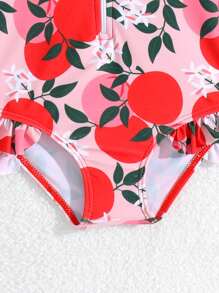 Baby Girl Floral Print Long Sleeve Zipper Front One-Piece Swimsuit, Ruffled Trim, Includes Hat (Random Print) - Multicolor - View 6