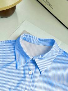 SHEIN Unity Casual Striped Patchwork 3D Pocket Button-Down Long Sleeve Shirt Fall Cloth For Women - Baby Blue - View 6