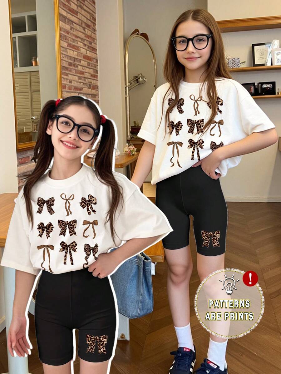 SHEIN Leap Crew 青少年女孩豹纹蝴蝶结印花休闲简约短袖 T 恤和短裤两件套，适合夏季