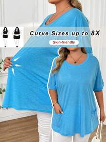 SHEIN CURVE+ Áo thun cổ tròn in hoa nhiều màu tay cánh dơi có túi cỡ lớn - Xanh đậm - Xem 1