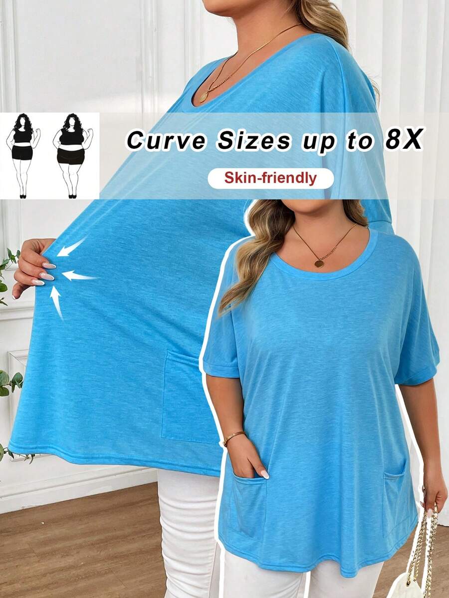 SHEIN CURVE+ Áo thun cổ tròn in hoa nhiều màu tay cánh dơi có túi cỡ lớn - Xanh đậm - Xem 1