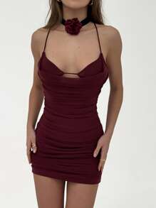Aloruh Elegant Accordion Pleated Hollow-Out Cross Back Mini Bodycon Slip Dress, Fashionable For Dates - Burgundy - View 6