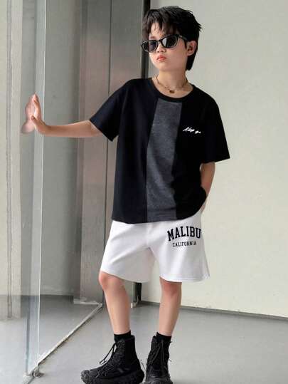 SHEIN Tween Boy Round Neck Colorblock Letter Print Casual T-Shirt, Spring/Summer
