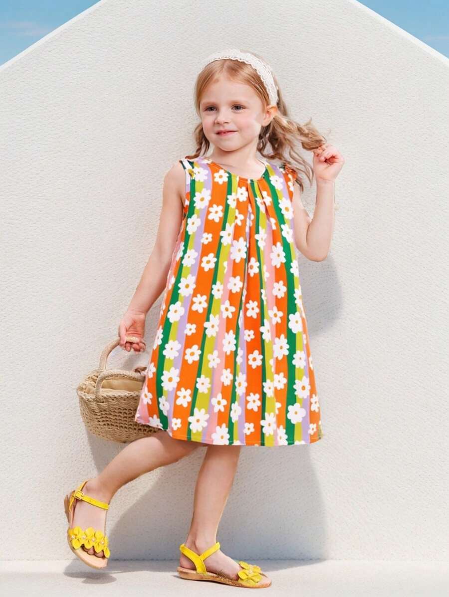 SHEIN Girls Young Girl Colorful Dopamine Vacation Dress - Multicolor - View 1