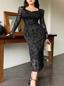 Dazy Petite Plus Plus Size Flocked Print & Mesh Splice Wrap Elegant Long Dress, Black, Spring/Fall 90s Clothes Floral Long Sleeve Dress - Black - View 10