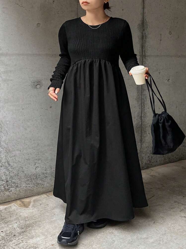 Dazy Petite Plus Long Sleeve Dress With Fabric Patchwork, Round Neck, Waist Cinched, Black, Spring Autumn
