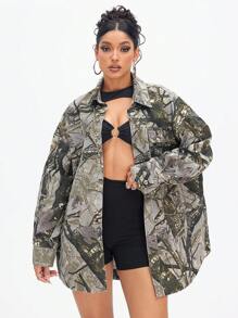 SHEIN ICON Plant Printed Button Front Pocket Denim Jacket, Suitable For Everyday Wear - Green - View 5