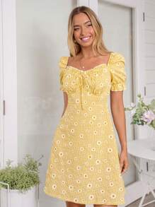 SHEIN VCAY Women's Frill Tie-Up Puff Sleeve A-Line Ditsy Floral Romantic Vacation Dress - Yellow - View 4