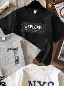 SHEIN 年轻男孩休闲简约字母图案圆领短袖T恤，适合夏季 - 彩色 - 查看 3