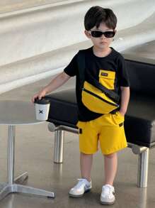 SHEIN Set Di 3 Pezzi Maglietta, Pantaloncini E Borsa Per Ragazzi Giovani Per Look Casual, Carino, Sportivo E Alla Moda Per Primavera Ed Estate