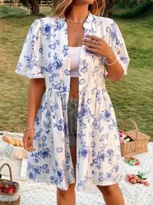 Flirla Plus Size Women V-Neck Short Sleeve Mid-Long Casual Blouse, Spring/Summer - Blue and White - View 3
