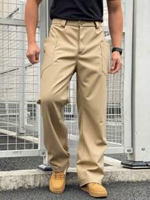 Manfinity Homme Men's Solid Color Pocket Simple Straight Leg Casual Pants, Everyday Wear - Khaki - View 1