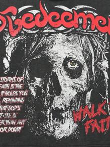 ROMWE MEN Grunge Punk Men's Skull Printed Boxy Fit Washed Vintage Print Tank Top, For Concert - Black - View 6