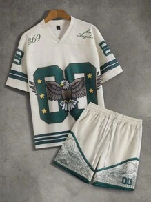 Manfinity Sporsity Conjunto informal de 2 piezas para hombre compuesto por camiseta de cuello en V con estampado de número y águila, y pantalones cortos con cordón en la cintura