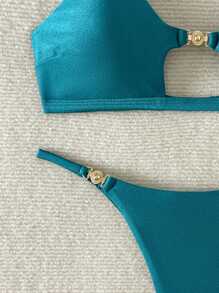 Swim SXY Bộ bikini gợi cảm đi biển mùa hè cho nữ, phụ kiện kim loại, dây mảnh - màu xanh lá - Xem 4