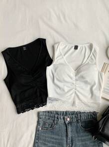 Comfortcana Women's Summer V-Neck Lace Trim Solid Color Tank Top, 2 Packs, Suitable For Daily Wear - Black and White - View 5
