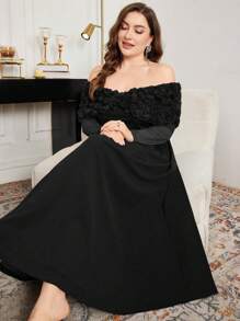 Modelyn Plus Size Women 3D Rose Flower Splice Off Shoulder Long Sleeve Dress, Cinched Waist Design, Elegant And Slimming
