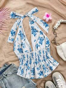 Flirla Plus Size Backless Floral Print Tank Top