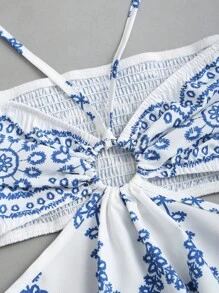 Sweetra 女士夏季休闲度假紧身系带露背镂空喇叭迷你连衣裙，带花卉印花，蓝色 - 藍色 - 查看 4