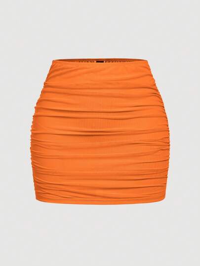 SHEIN MOD Sexy Solid Color Sheer Mesh Double Layer See-Through Bodycon Orange Mini Skirt, Summer