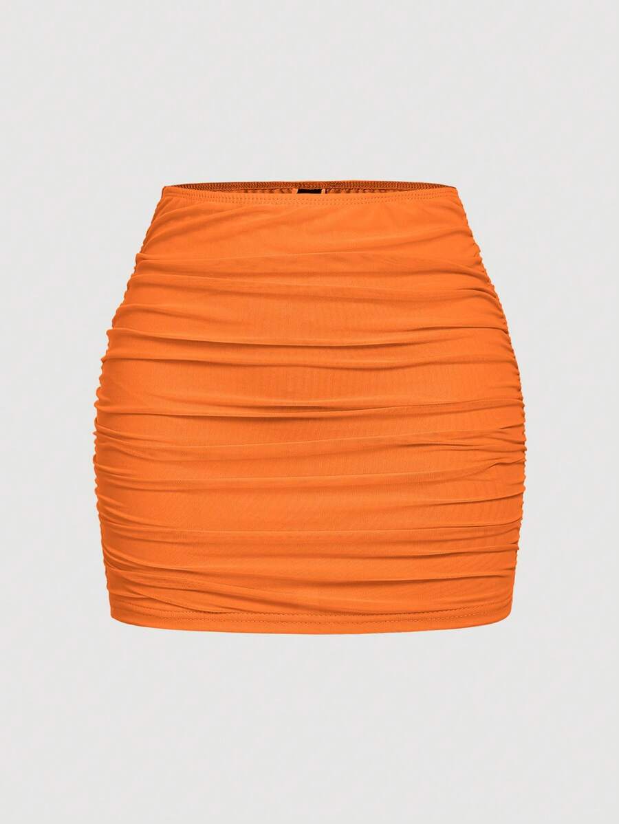 SHEIN MOD Minifalda sensual y transparente de unicolor, de doble capa de malla y ajustada, para el verano - Naranja - Ver 1