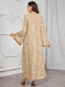 Al Najma 女式套头束腰外衣，佩斯利花纹和金色亮片领，土耳其和阿拉伯传统长裙，朴素的卡夫坦 - 卡其色 - 查看 2