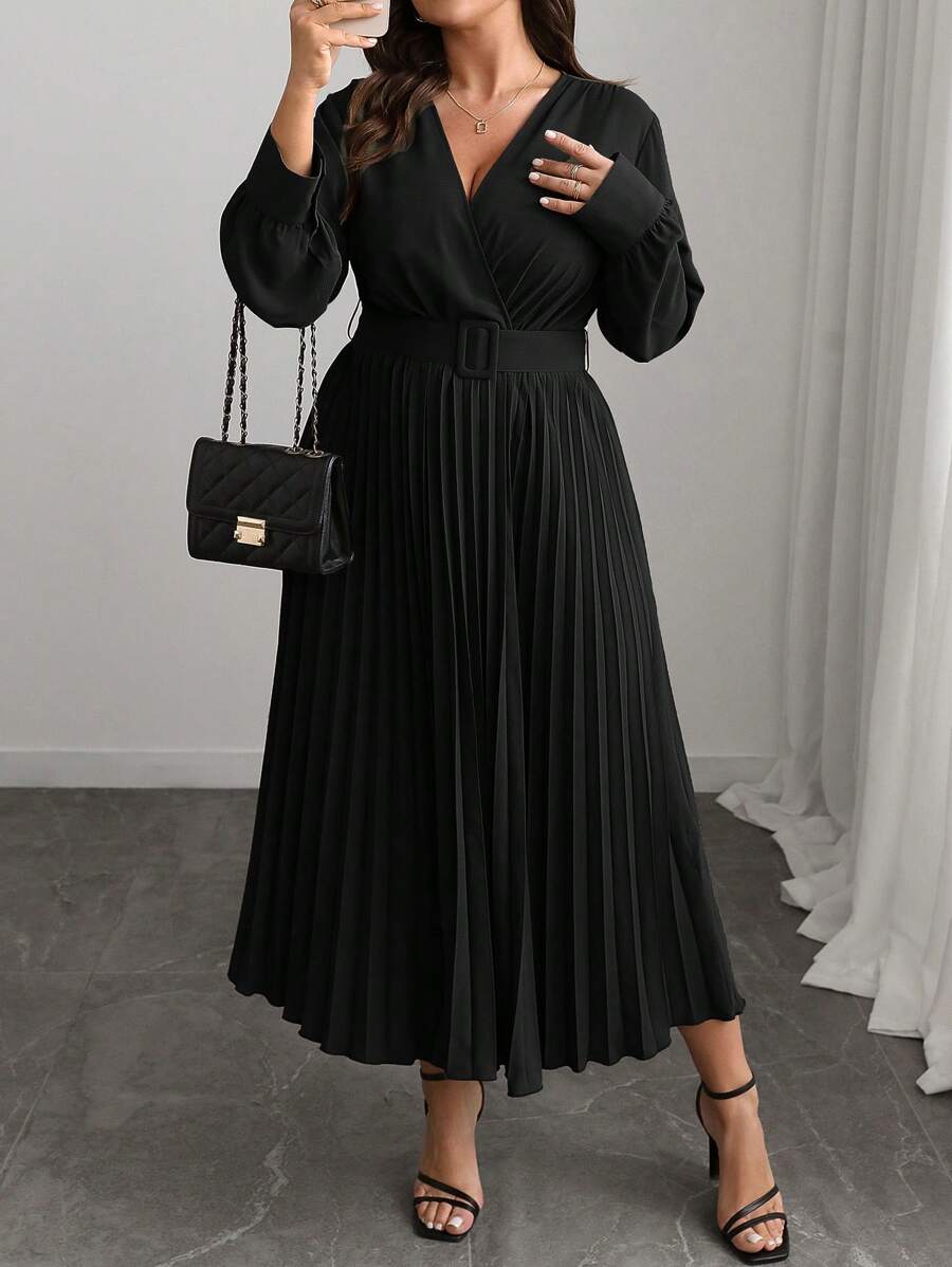 Elenzga Plus Size Women's V-Neck Solid Color A-Line Long Sleeve Dress, Elegant Office & Casual, With Waist Belt, Suitable For Spring, Autumn & Winter, For Christmas Maxi Women Outfit Fall Cloth For Women - Black - View 1